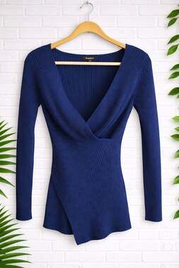 Qualfort Women's V-Neck Ribbed Knit Long Sleeve Wrap Sweater Top